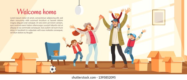 Welcome to the new house concept. Happy family with kids boxes with things, excited couple and kids jump joyfully. Cartoon. Flat design. Poster, banner vector illustration.