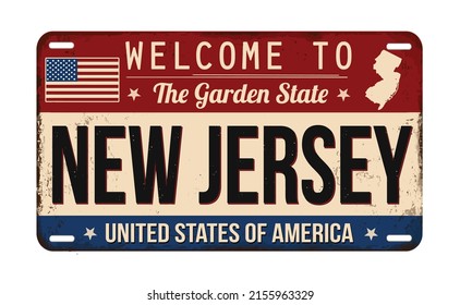 Welcome to New Jersey vintage rusty license plate on a white background, vector illustration