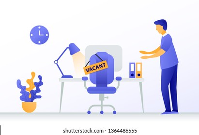 Welcome to the new job. Man in the office for new job. Vacant place in an office. Workplace with a computer in the office. Vector business concept.