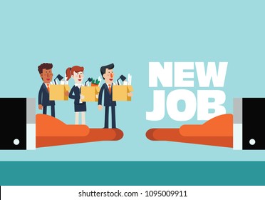 Welcome to the new job vector business concept. Boss offering a new job to employee. Successful smiling young business person holding a box with his things. Start and time for a new job illustration
