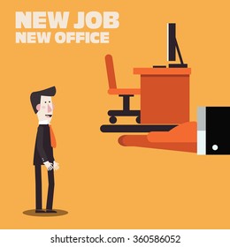 Welcome to the new job vector business concept. Boss offering a new office to employee. Successful smiling young man in the office for new job. Start and time for a new job illustration