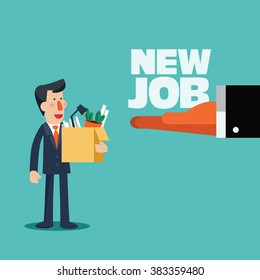 Welcome to the new job vector business concept. Boss offering a new job to employee. Successful smiling young business man holding a box with his things. Start and time for a new job illustration