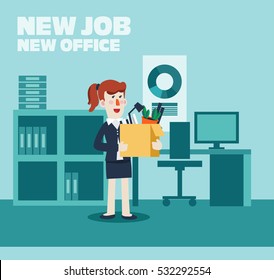 Welcome to the new job vector business concept. Successful smiling young woman in the office for new job. Start and time for a new job illustration