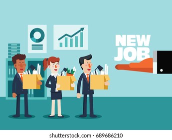 Welcome To The New Job Vector Business Concept. Boss Offering A New Job To Employee. Successful Smiling Young Business Person Holding A Box With His Things. Start And Time For A New Job Illustration
