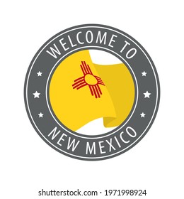 Welcome to New Mexico. Gray stamp with a waving state flag. Collection of welcome icons.