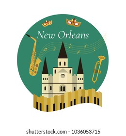 Willkommen auf New Orleans Poster mit berühmten Symbolen und der Kathedrale St. Louis