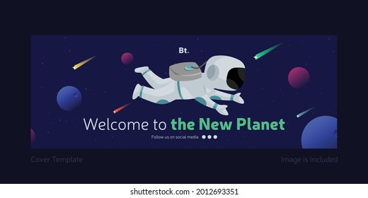 Welcome to the new planet facebook cover page template with astronaut flying in space
