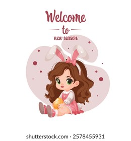 welcome to new season, cute girl with easter egg in pink dress. Cartoon vector illustration. Bunny costume, bunny ears. Vector illustration for poster, banner, card, postcard.