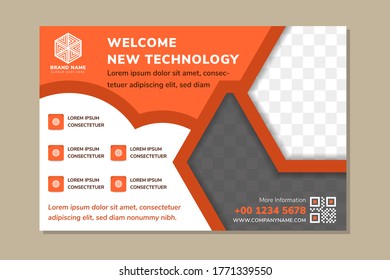 bienvenido nueva tecnología como titular de la plantilla de diseño de volante horizontal usa diseño horizontal y espacio hexagonal para la foto. los colores utilizados son naranja, blanco y negro. 