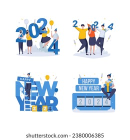 Welcome new year 2024 celebration illustration set