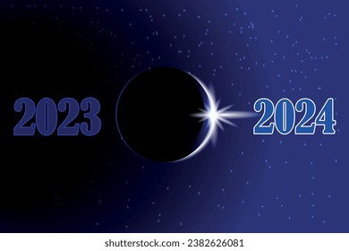 Welcome New Year 2024, vector design symbolizing the passing of the old year and the coming of the new, in a trendy creative style with a starry sky and sunlight. The concept of moving from year to ye