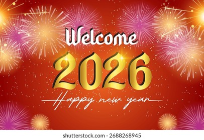 Fondo de bienvenida de año nuevo 2026 con texto de lujo brillante y fuegos artificiales