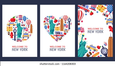 Welcome To New York Greeting Souvenir Cards, Print Or Poster Design Template. Travel To USA Flat Illustration. Circle, Heart Shapes And Frame Background Set.