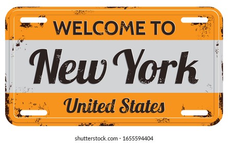 Welcome to New York, United States. Damaged License Plate.