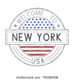 Welcome to New York, USA. Colored tourist stamp with US national flag. Vector illustration isolated on white background