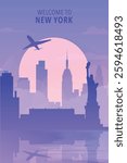 Welcome to New York, USA. Gradient city poster, card with shapes of skyline, waterfront and airplane. America travel vector illustration, print, graphic