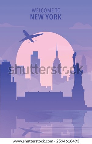 Welcome to New York, USA. Gradient city poster, card with shapes of skyline, waterfront and airplane. America travel vector illustration, print, graphic