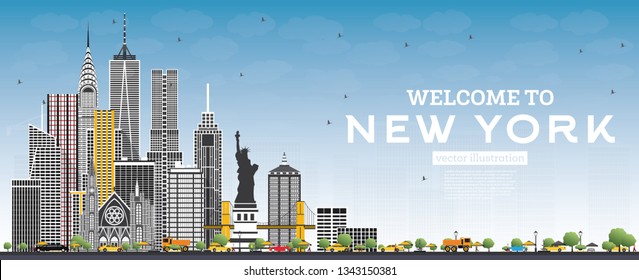 Welcome to New York USA Skyline with Gray Buildings and Blue Sky. Vector Illustration. Business Travel and Tourism Concept with Modern Architecture. New York Cityscape with Landmarks.