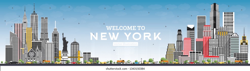 Welcome to New York USA Skyline with Gray Buildings and Blue Sky. Vector Illustration. Business Travel and Tourism Concept with Modern Architecture. New York Cityscape with Landmarks.