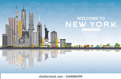 Welcome to New York USA Skyline with Gray Buildings, Blue Sky and Reflections. Vector Illustration. Travel and Tourism Concept with Modern Architecture. New York Cityscape with Landmarks.