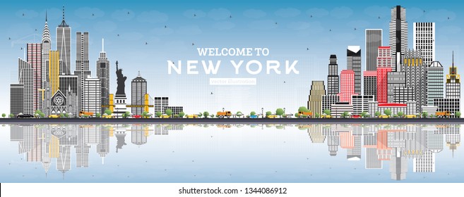 Welcome to New York USA Skyline with Gray Buildings, Blue Sky and Reflections. Vector Illustration. Travel and Tourism Concept with Modern Architecture. New York Cityscape with Landmarks.