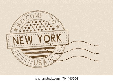 Bienvenidos a Nueva York, Estados Unidos. Sello marrón turístico con bandera nacional estadounidense sobre fondo beige. Ilustración del vector