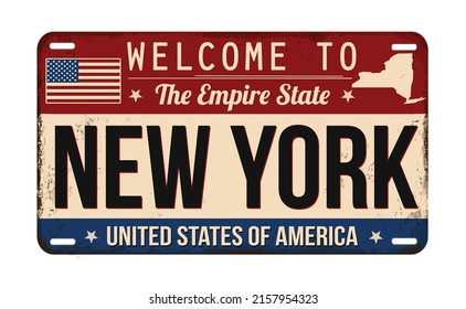 Welcome to New York vintage rusty license plate on a white background, vector illustration