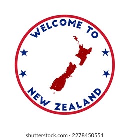 Welcome to New Zealand stamp. Grunge country round stamp with texture in Long-Haul Flight color theme. Vintage style geometric New Zealand seal. Charming vector illustration.