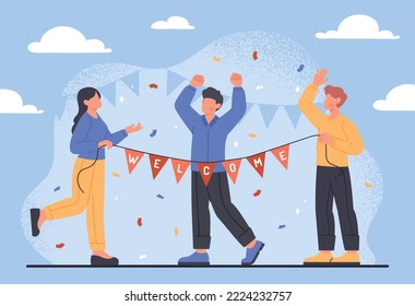 Welcome newcomer concept. Man and woman holding red flag ribbon in front of new employee, staff expansion. Friendly and welcoming colleagues. Positivity and optimism. Cartoon flat vector illustration