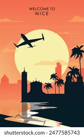 Bienvenidos a Niza, Francia. Afiche de la ciudad retro con Formas abstractas del horizonte, edificios, avión que sobrevuela. Ilustración vectorial de viaje de Antiguas airlines