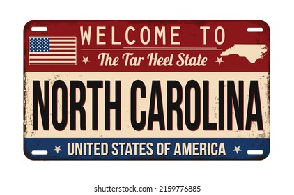 Welcome to North Carolina vintage rusty license plate on a white background, vector illustration