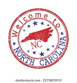 Welcome to North Carolina. A worn stamp with a silhouette of the state and an abbreviated designation. Print impression, a template for creative design