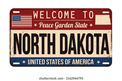 Welcome to North Dakota vintage rusty license plate on a white background, vector illustration