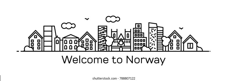 Willkommen in Norwegen. Moderner Stil mit flacher Linie. Vektorgrafik