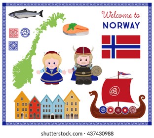 Welcome To Norway, Traditional Scandinavian Symbols Set With Cartoon Characters Of Vikings In Ancient Scandinavian Clothing. Vector Illustration