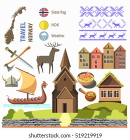 Welcome to Norway traditional symbols collection. Vector Illustration. Isolated on white.