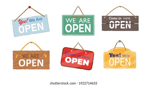 Welcome notice phrase hanging door front signboard set. We are open information signage for shop, store, market, board, restaurant or fashion boutique vector illustration isolated on white background - Shutterstock ID 1922714633