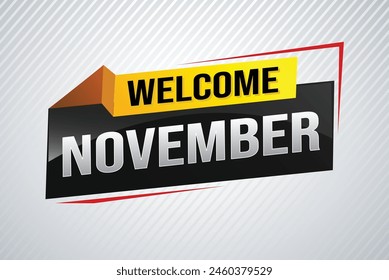 bienvenido Noviembre palabra concepto de texto icono logo signo símbolo Vector nota 3d divertido estilo para el uso página de destino, Plantilla, redes sociales, Web, App móvil, póster, Anuncio, flyer, fondo, Tarjeta de regalo, Cupón

