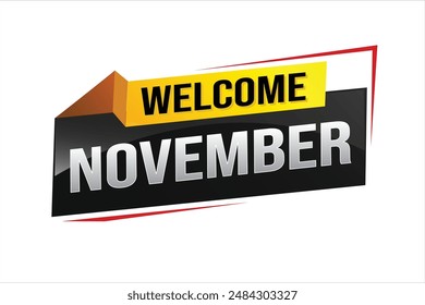 bienvenido Noviembre palabra concepto de texto icono logo signo símbolo Vector nota 3d divertido estilo para el uso página de destino, Plantilla, redes sociales, Web, App móvil, póster, Anuncio, flyer, fondo, Tarjeta de regalo, Cupón

