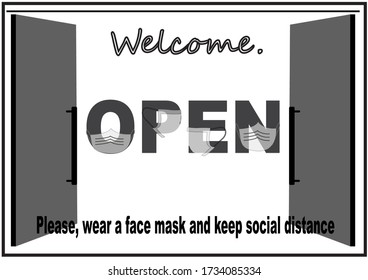  welcome now open keep social distance and use face mask. Vector