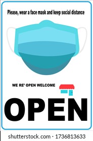 Welcome now open keep social distance and use face mask. Vector.Welcome we're open.