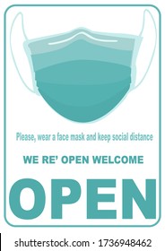 Welcome now open keep social distance and use face mask. Vector.Welcome we're open.
