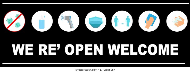 Welcome now open keep social distance and use face mask. Vector.Welcome we're open.