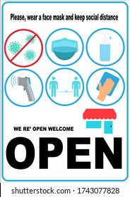 Welcome now open keep social distance and use face mask. Vector.Welcome we're open.Can be used for businesses to show they are still open during the coronavirus pandemic.