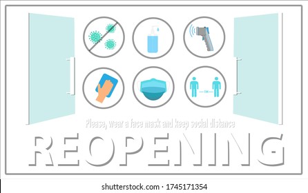 Welcome now open keep social distance and use face mask. Vector.Welcome we're open.Can be used for businesses to show they are still open during the coronavirus pandemic.