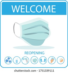 Welcome now open keep social distance and use face mask. Vector.Welcome we're open.Can be used for businesses to show they are still open during the coronavirus pandemic.