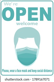 Welcome now open keep social distance and use face mask. Vector.Welcome we're open.Can be used for businesses to show they are still open during the coronavirus pandemic.
