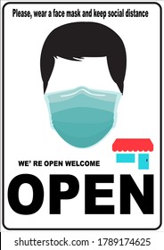Welcome now open keep social distance and use face mask. Vector.Welcome we're open.Can be used for businesses to show they are still open during the coronavirus pandemic.