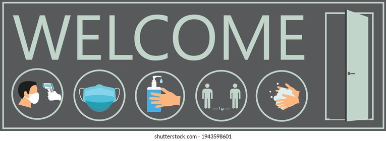 Welcome now open keep social distance and use face mask. Vector.Welcome we're open.Can be used for businesses to show they are still open during the coronavirus pandemic.
