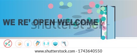Welcome now open keep social distance and use face mask. Vector.Welcome we're open.